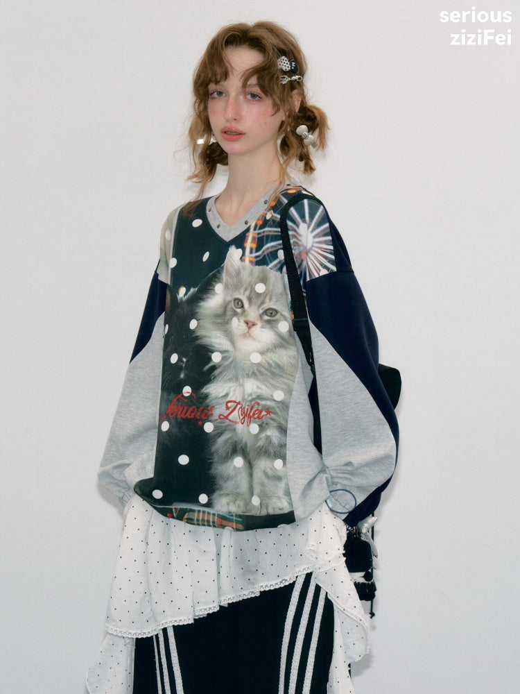 Lazy Style Vintage Playground Cat Print Gray Polka Dot V-Neck Sweatshirt【s0000018413】