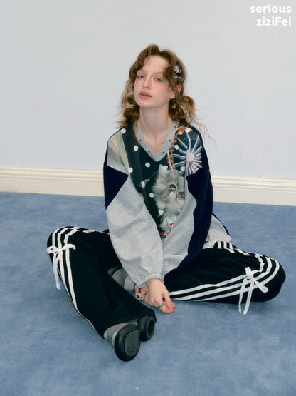 Lazy Style Vintage Playground Cat Print Gray Polka Dot V-Neck Sweatshirt【s0000018413】