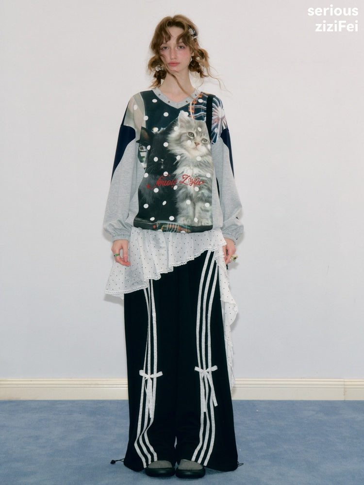 Lazy Style Vintage Playground Cat Print Gray Polka Dot V-Neck Sweatshirt【s0000018413】