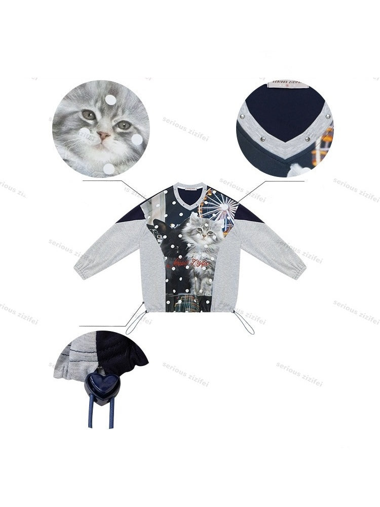 Lazy Style Vintage Playground Cat Print Gray Polka Dot V-Neck Sweatshirt【s0000018413】