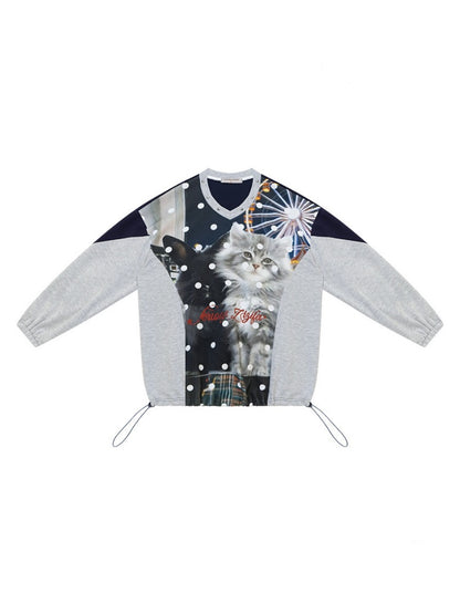 Lazy Style Vintage Playground Cat Print Gray Polka Dot V-Neck Sweatshirt【s0000018413】