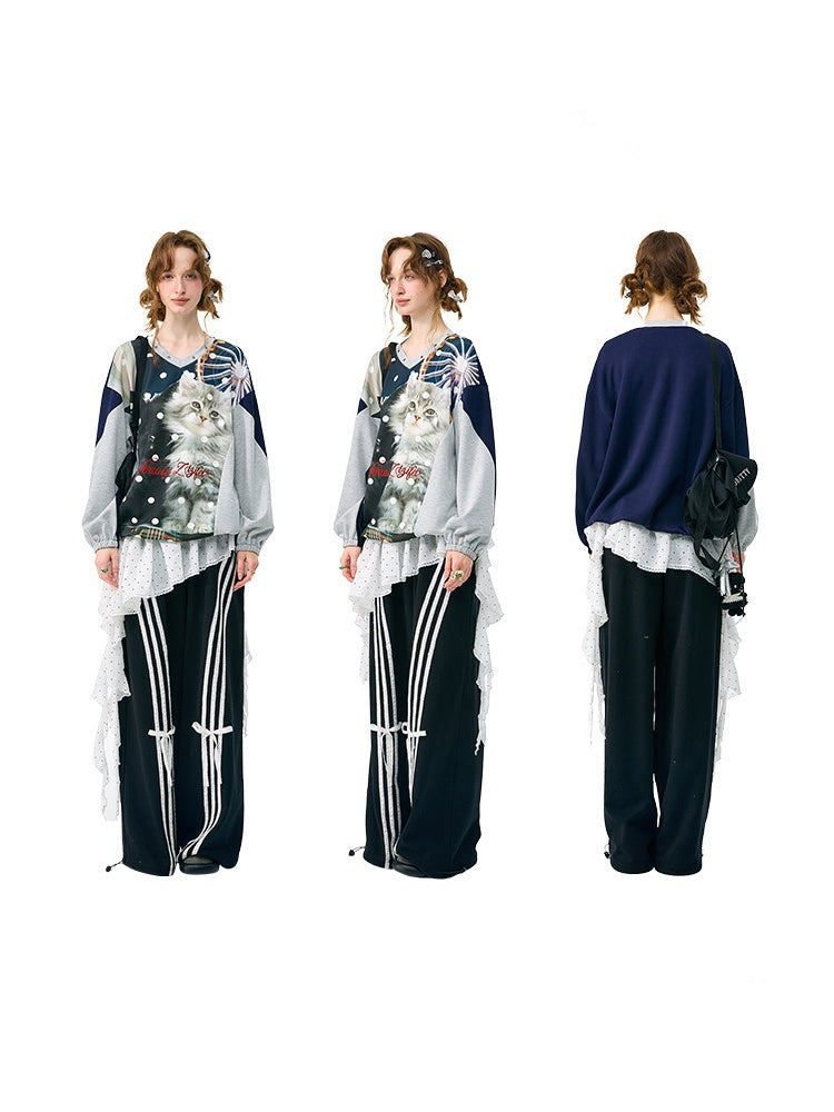 Lazy Style Vintage Playground Cat Print Gray Polka Dot V-Neck Sweatshirt【s0000018413】