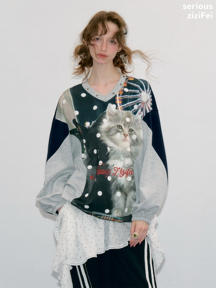 Lazy Style Vintage Playground Cat Print Gray Polka Dot V-Neck Sweatshirt【s0000018413】