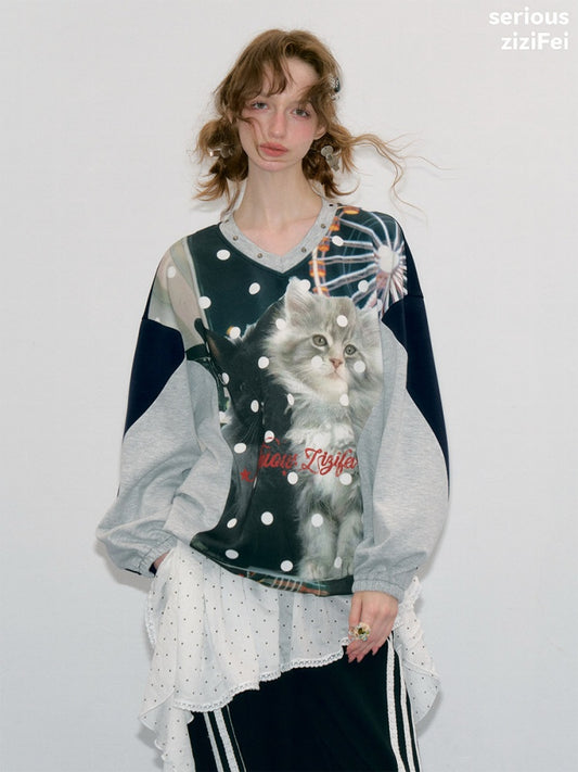Lazy Style Vintage Playground Cat Print Gray Polka Dot V-Neck Sweatshirt【s0000018413】