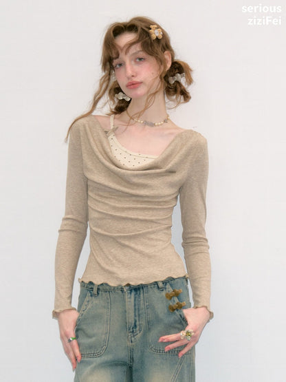 Mist Soft Khaki Two-Piece Long-Sleeve Knit T-Shirt【s0000018414】