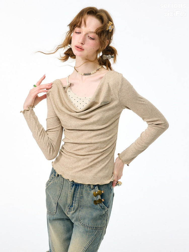 Mist Soft Khaki Two-Piece Long-Sleeve Knit T-Shirt【s0000018414】