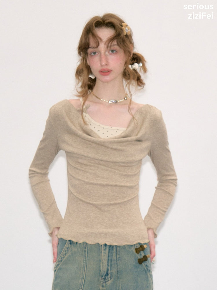 Mist Soft Khaki Two-Piece Long-Sleeve Knit T-Shirt【s0000018414】