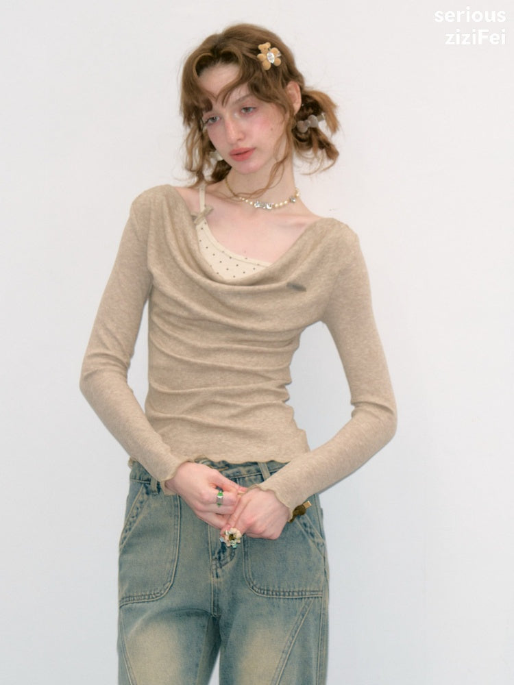 Mist Soft Khaki Two-Piece Long-Sleeve Knit T-Shirt【s0000018414】