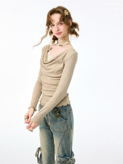 Mist Soft Khaki Two-Piece Long-Sleeve Knit T-Shirt【s0000018414】