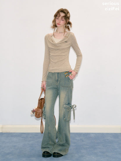 Mist Soft Khaki Two-Piece Long-Sleeve Knit T-Shirt【s0000018414】