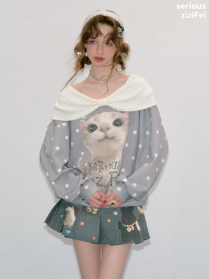 Big Face Cat Print Retro Sweet Cute Gray Polka Dot Slimming Sweatshirt【s0000018415】