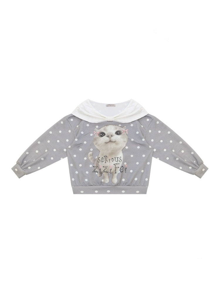 Big Face Cat Print Retro Sweet Cute Gray Polka Dot Slimming Sweatshirt【s0000018415】
