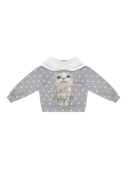 Big Face Cat Print Retro Sweet Cute Gray Polka Dot Slimming Sweatshirt【s0000018415】