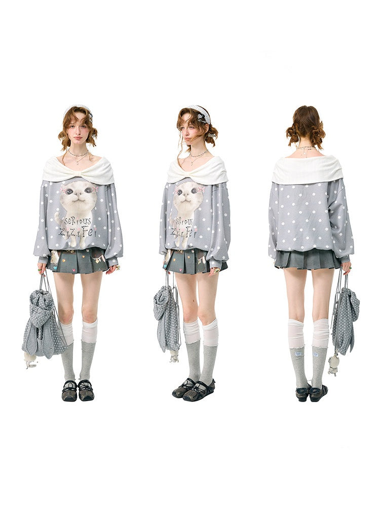 Big Face Cat Print Retro Sweet Cute Gray Polka Dot Slimming Sweatshirt【s0000018415】