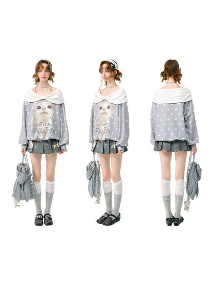 Big Face Cat Print Retro Sweet Cute Gray Polka Dot Slimming Sweatshirt【s0000018415】