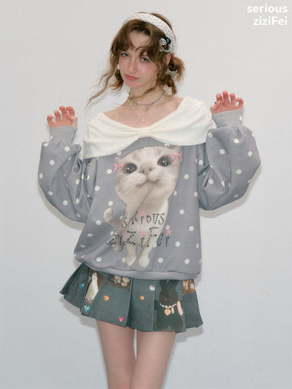 Big Face Cat Print Retro Sweet Cute Gray Polka Dot Slimming Sweatshirt【s0000018415】