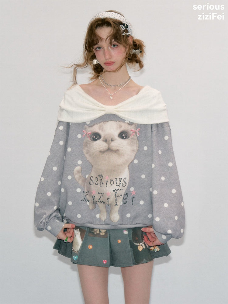 Big Face Cat Print Retro Sweet Cute Gray Polka Dot Slimming Sweatshirt【s0000018415】