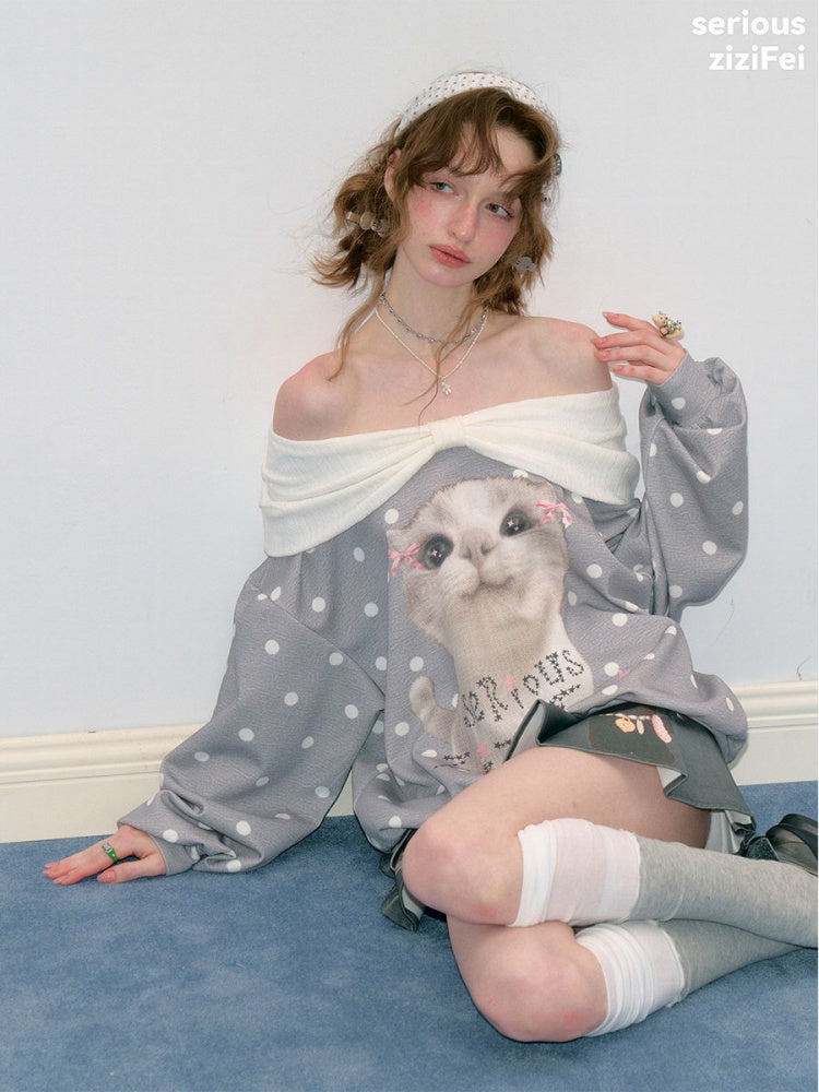 Big Face Cat Print Retro Sweet Cute Gray Polka Dot Slimming Sweatshirt【s0000018415】