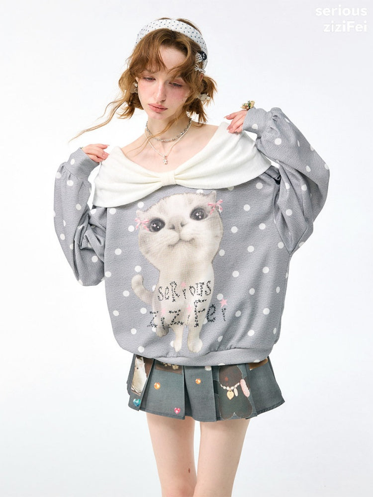 Big Face Cat Print Retro Sweet Cute Gray Polka Dot Slimming Sweatshirt【s0000018415】