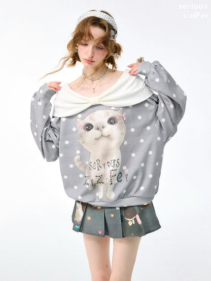 Big Face Cat Print Retro Sweet Cute Gray Polka Dot Slimming Sweatshirt【s0000018415】
