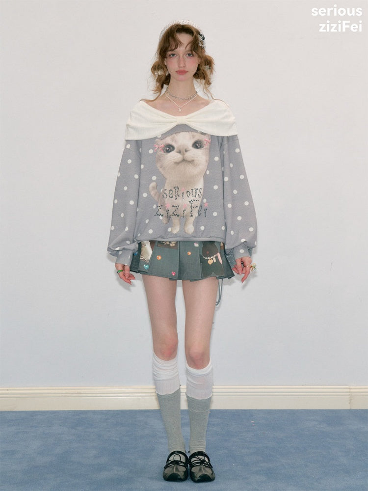 Big Face Cat Print Retro Sweet Cute Gray Polka Dot Slimming Sweatshirt【s0000018415】