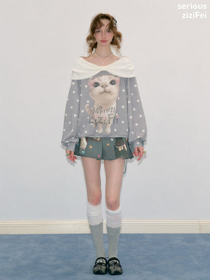 Big Face Cat Print Retro Sweet Cute Gray Polka Dot Slimming Sweatshirt【s0000018415】