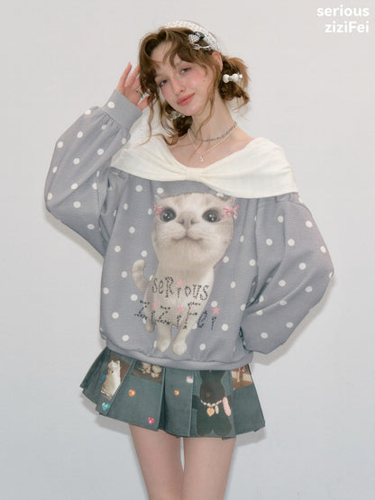 Big Face Cat Print Retro Sweet Cute Gray Polka Dot Slimming Sweatshirt【s0000018415】