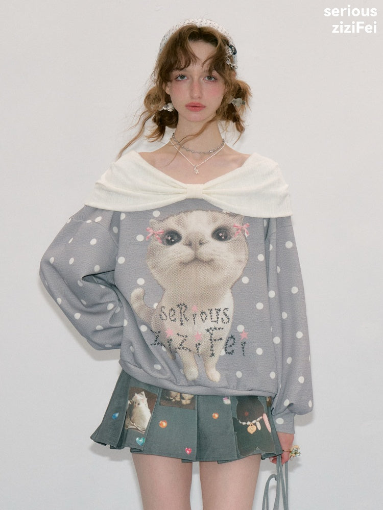 Big Face Cat Print Retro Sweet Cute Gray Polka Dot Slimming Sweatshirt【s0000018415】
