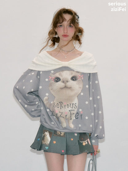 Big Face Cat Print Retro Sweet Cute Gray Polka Dot Slimming Sweatshirt【s0000018415】