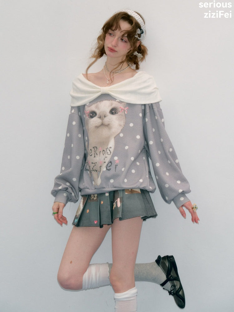 Big Face Cat Print Retro Sweet Cute Gray Polka Dot Slimming Sweatshirt【s0000018415】