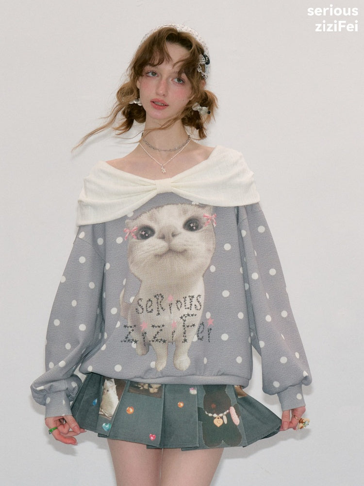 Big Face Cat Print Retro Sweet Cute Gray Polka Dot Slimming Sweatshirt【s0000018415】