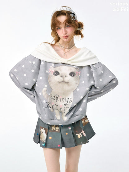 Big Face Cat Print Retro Sweet Cute Gray Polka Dot Slimming Sweatshirt【s0000018415】