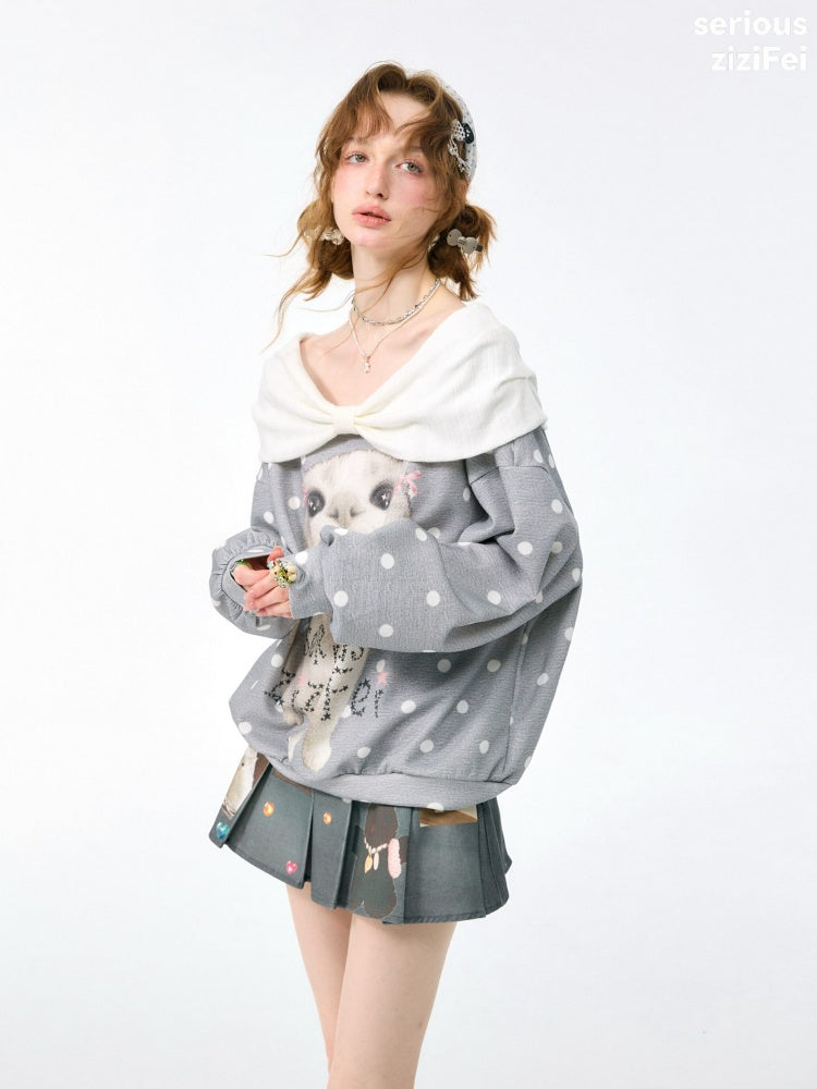 Big Face Cat Print Retro Sweet Cute Gray Polka Dot Slimming Sweatshirt【s0000018415】
