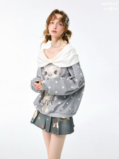Big Face Cat Print Retro Sweet Cute Gray Polka Dot Slimming Sweatshirt【s0000018415】