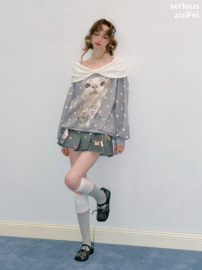 Big Face Cat Print Retro Sweet Cute Gray Polka Dot Slimming Sweatshirt【s0000018415】