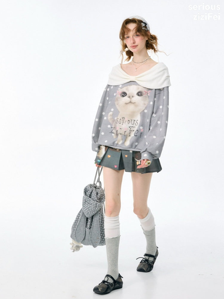 Big Face Cat Print Retro Sweet Cute Gray Polka Dot Slimming Sweatshirt【s0000018415】