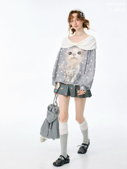 Big Face Cat Print Retro Sweet Cute Gray Polka Dot Slimming Sweatshirt【s0000018415】
