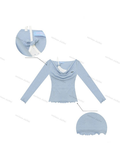 Mist Soft Blue Two-Piece Long-Sleeve Knit T-Shirt【s0000018416】