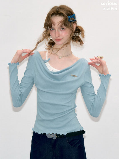 Mist Soft Blue Two-Piece Long-Sleeve Knit T-Shirt【s0000018416】