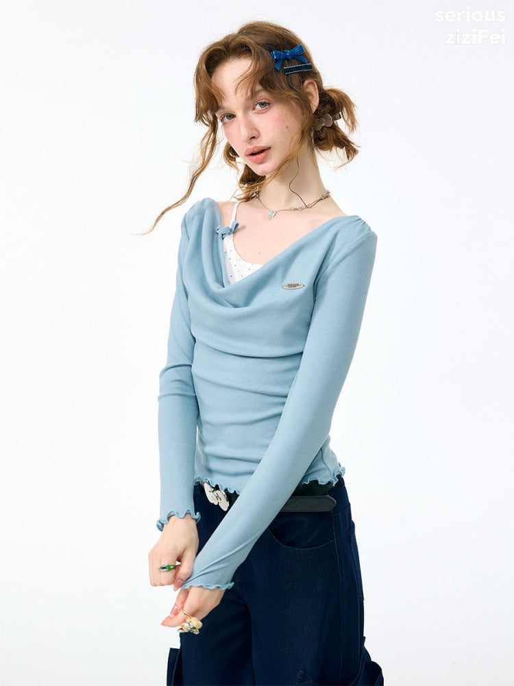 Mist Soft Blue Two-Piece Long-Sleeve Knit T-Shirt【s0000018416】