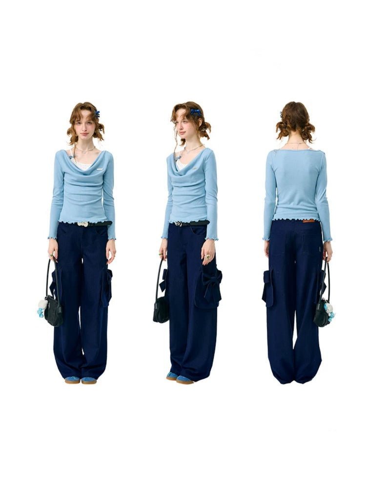 Mist Soft Blue Two-Piece Long-Sleeve Knit T-Shirt【s0000018416】
