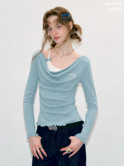 Mist Soft Blue Two-Piece Long-Sleeve Knit T-Shirt【s0000018416】