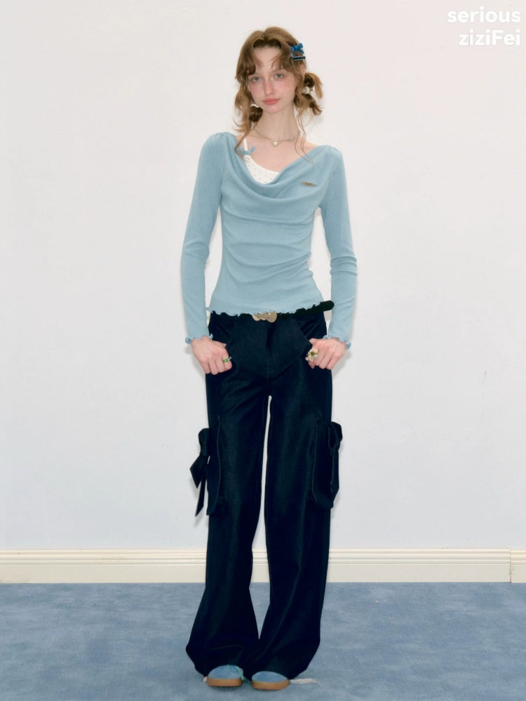 Mist Soft Blue Two-Piece Long-Sleeve Knit T-Shirt【s0000018416】