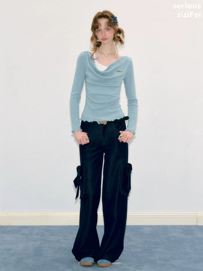 Mist Soft Blue Two-Piece Long-Sleeve Knit T-Shirt【s0000018416】