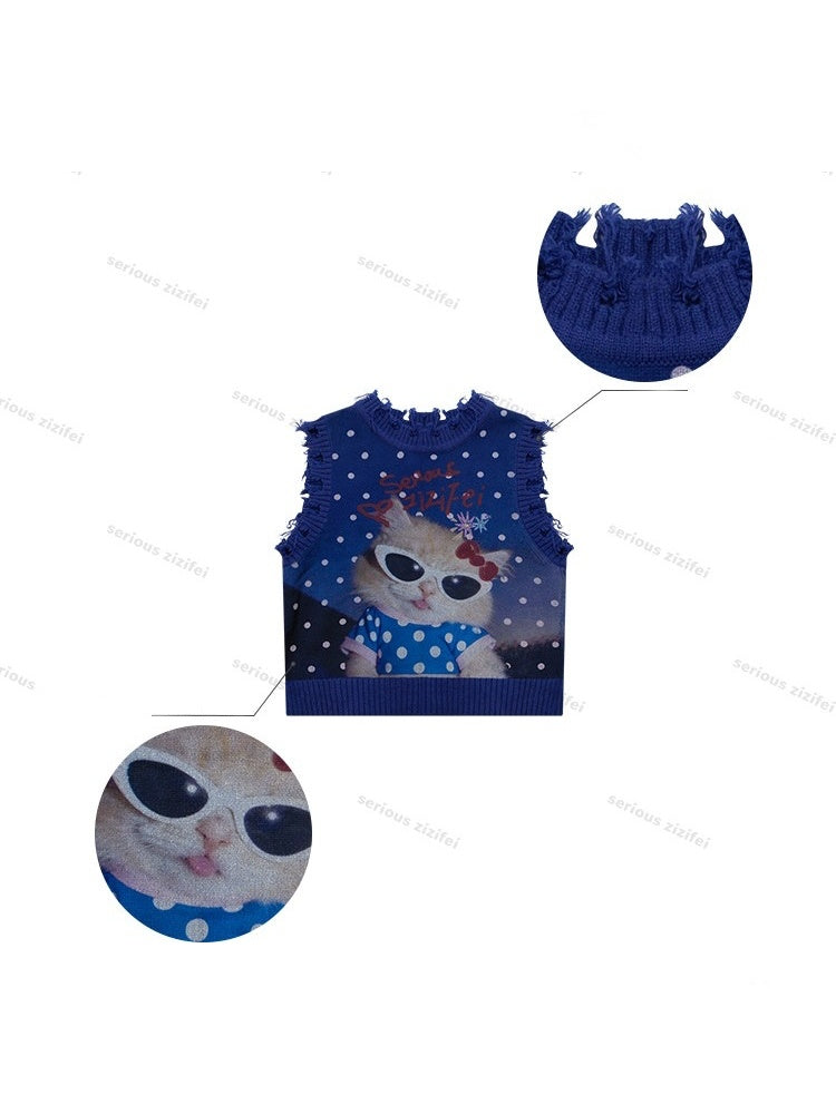 Vintage Navy Starry Sky Cat Print Sweet Cool Polka Dot Vest【s0000018417】