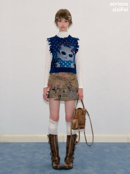 Vintage Navy Starry Sky Cat Print Sweet Cool Polka Dot Vest【s0000018417】