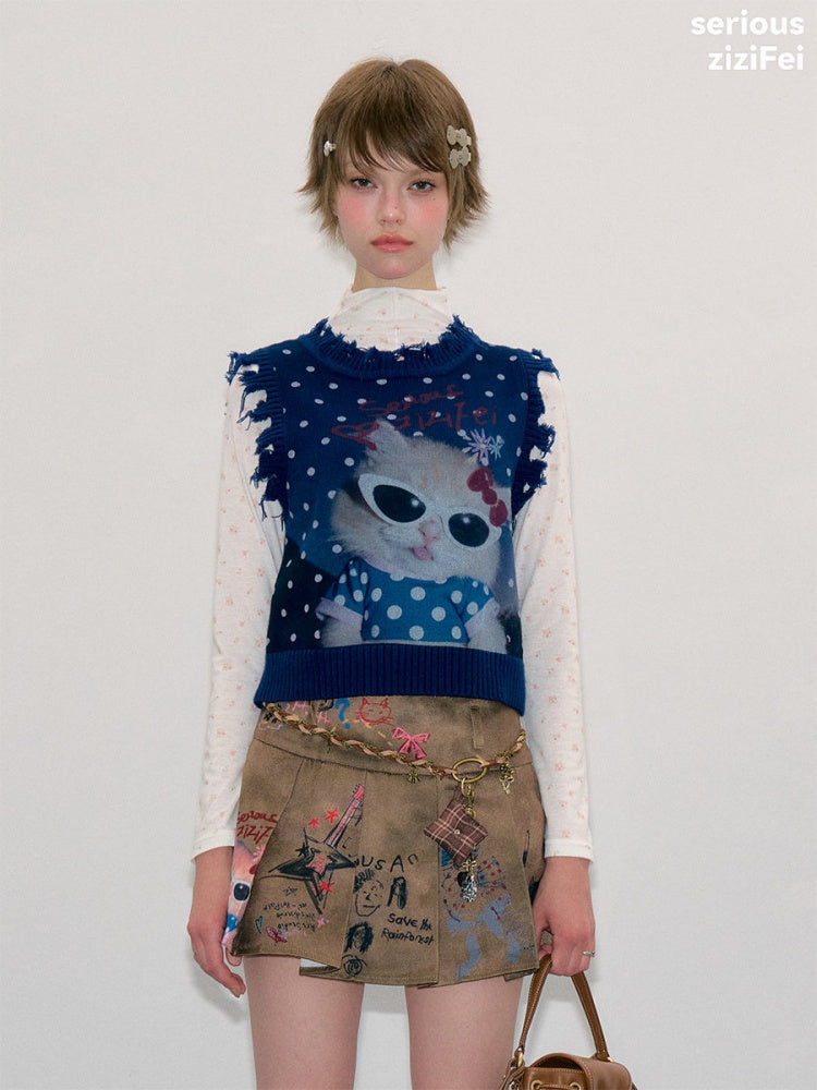Vintage Navy Starry Sky Cat Print Sweet Cool Polka Dot Vest【s0000018417】