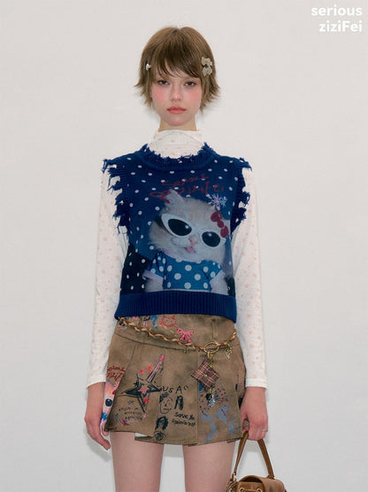 Vintage Navy Starry Sky Cat Print Sweet Cool Polka Dot Vest【s0000018417】
