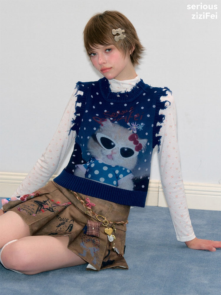 Vintage Navy Starry Sky Cat Print Sweet Cool Polka Dot Vest【s0000018417】