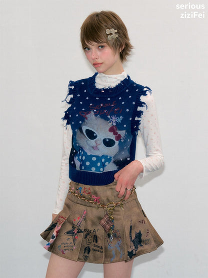 Vintage Navy Starry Sky Cat Print Sweet Cool Polka Dot Vest【s0000018417】